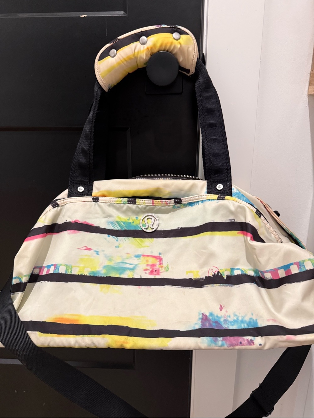 Lululemon Cream Stripe Gym Tote with Multicolor Accent